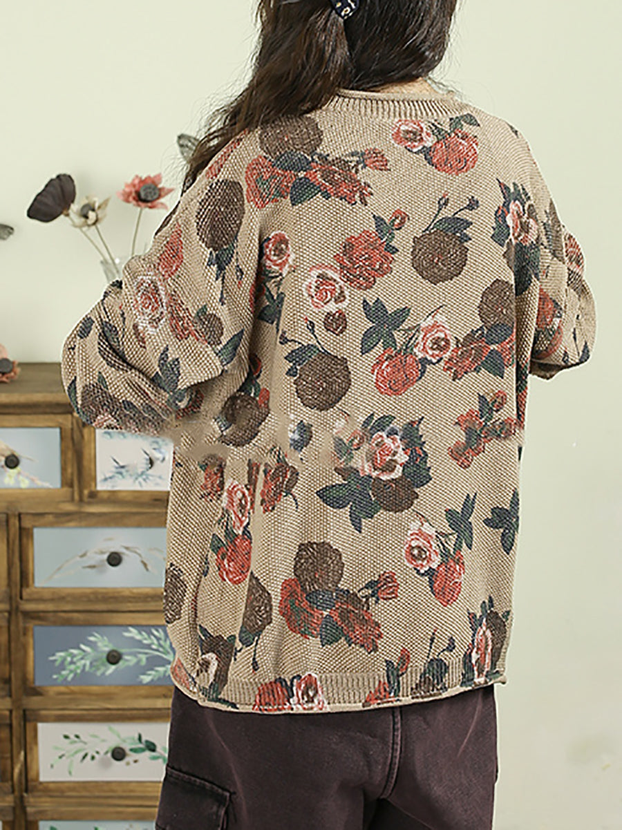 Women Autumn Vintage Flower O-Neck Sweater