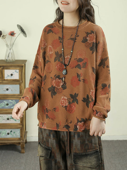 Women Autumn Vintage Flower O-Neck Sweater