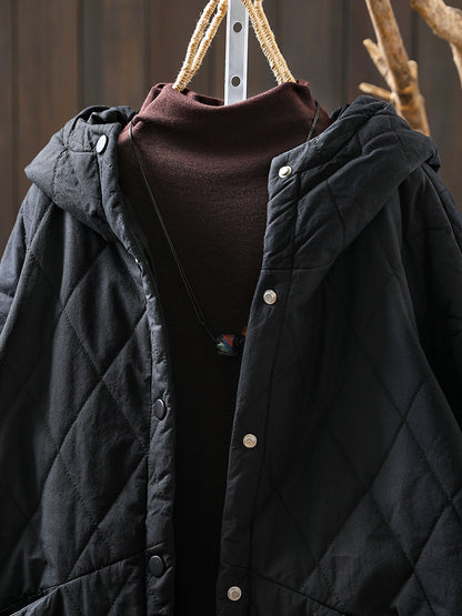 Women Autumn Casual Pure Color Padded Hooded Jacket