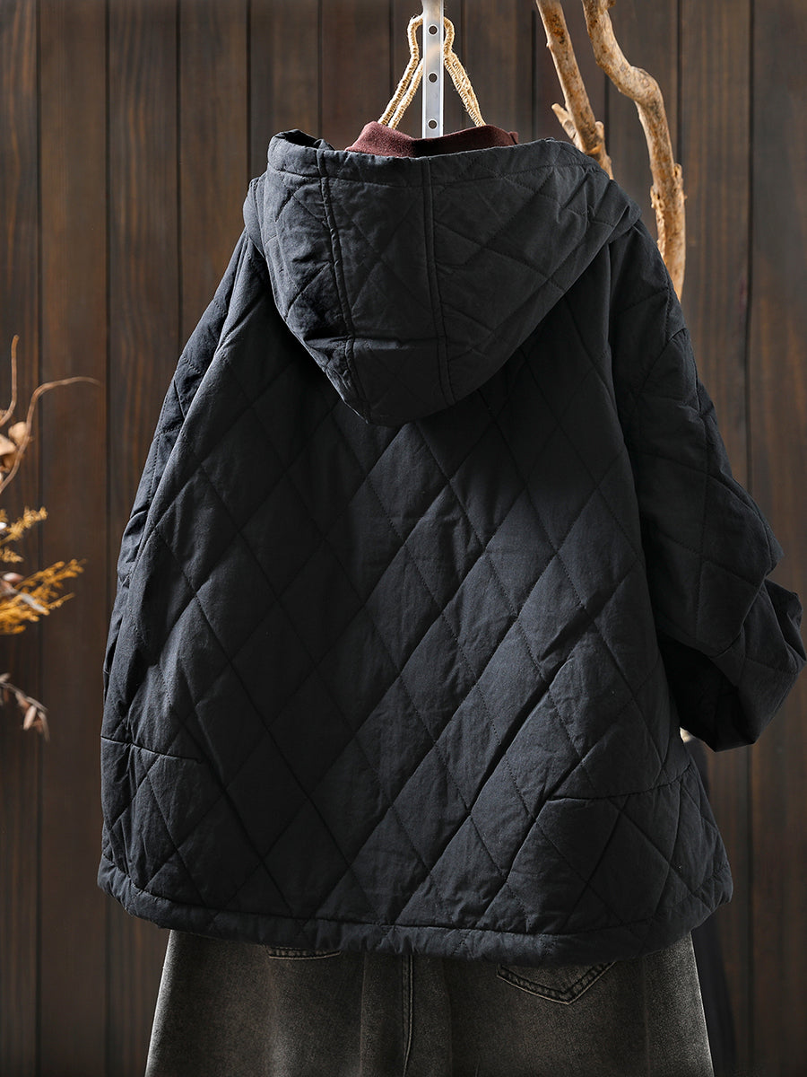 Women Autumn Casual Pure Color Padded Hooded Jacket