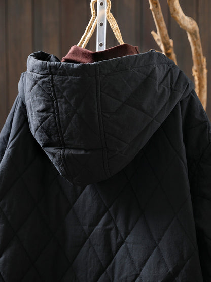 Women Autumn Casual Pure Color Padded Hooded Jacket