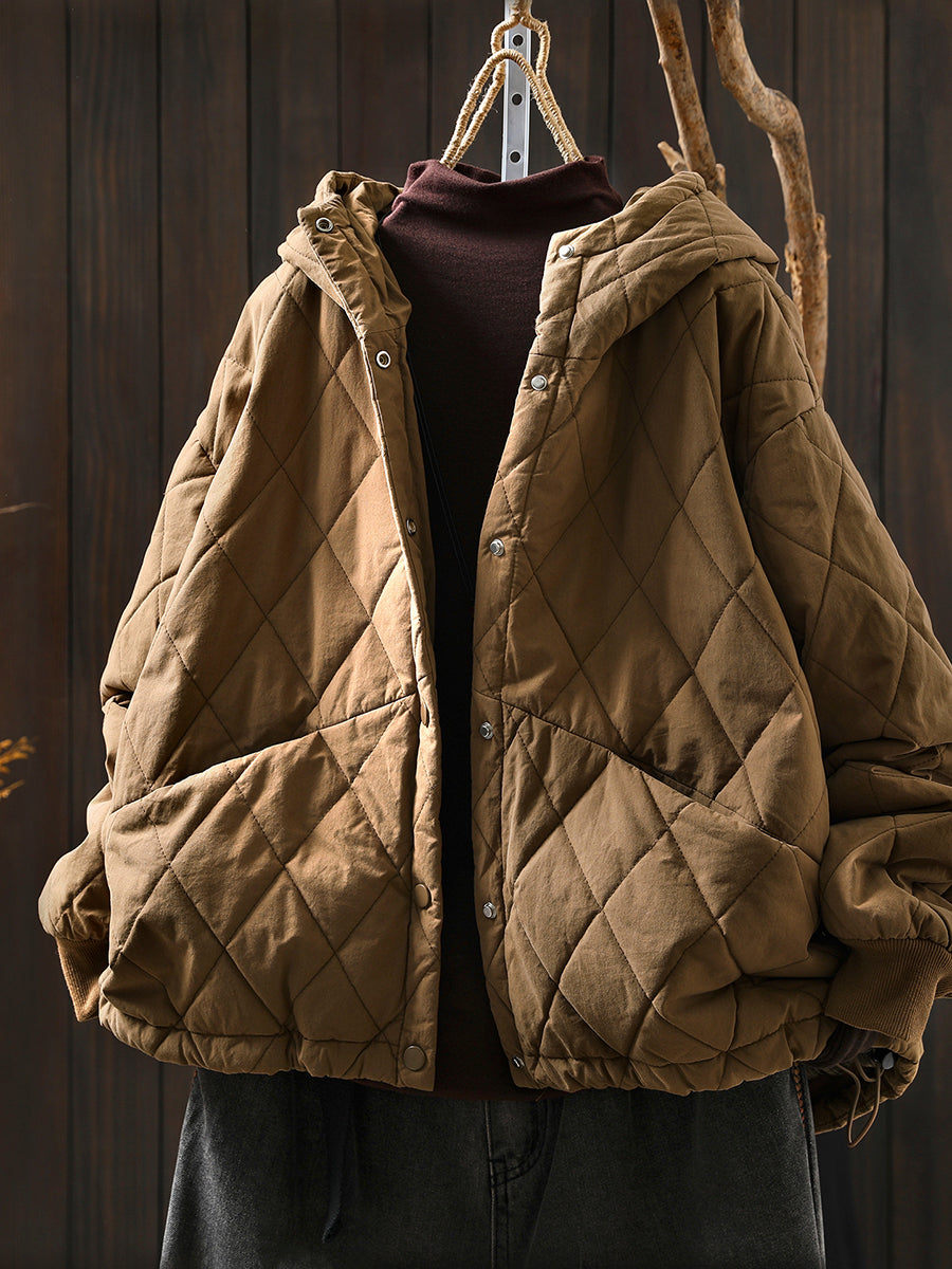 Women Autumn Casual Pure Color Padded Hooded Jacket