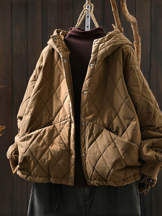 Women Autumn Casual Pure Color Padded Hooded Jacket
