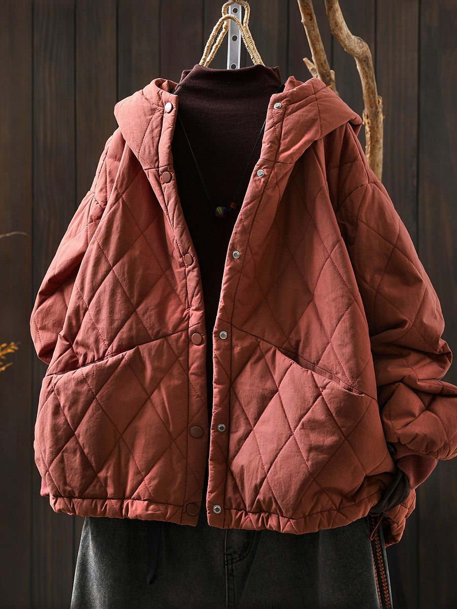 Women Autumn Casual Pure Color Padded Hooded Jacket