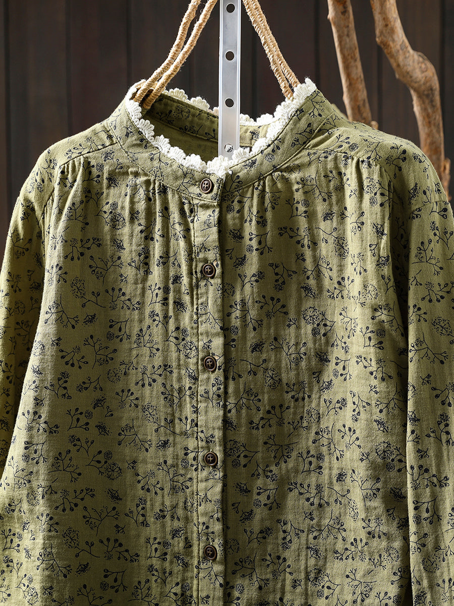 Women Autumn Artsy Floral O-Neck 100%Cotton Shirt