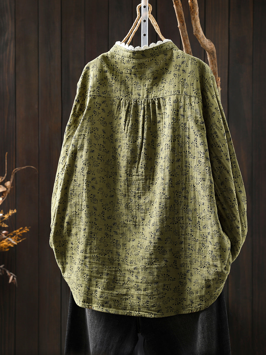 Women Autumn Artsy Floral O-Neck 100%Cotton Shirt