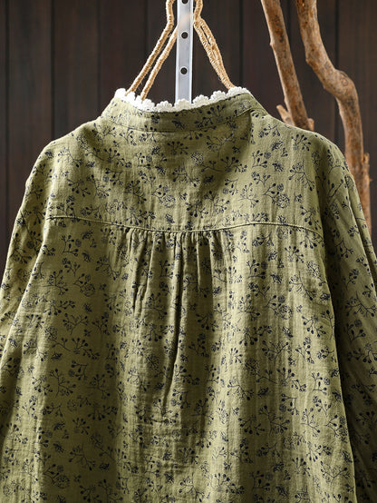 Women Autumn Artsy Floral O-Neck 100%Cotton Shirt