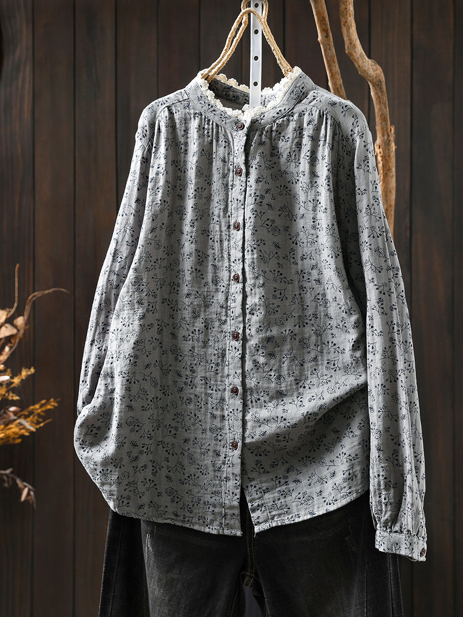 Women Autumn Artsy Floral O-Neck 100%Cotton Shirt