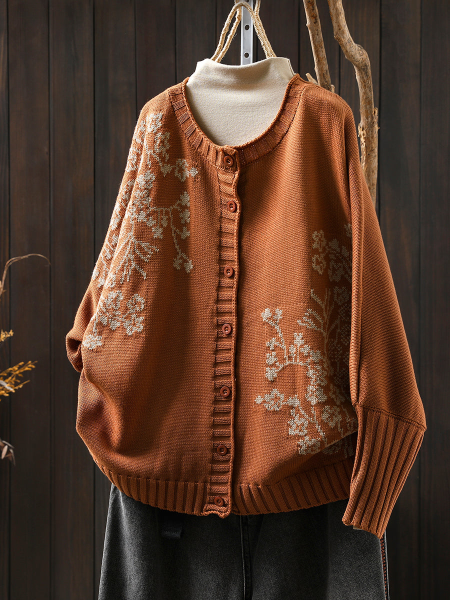 Women Autumn Vintage Flower O-Neck Knitted Sweater