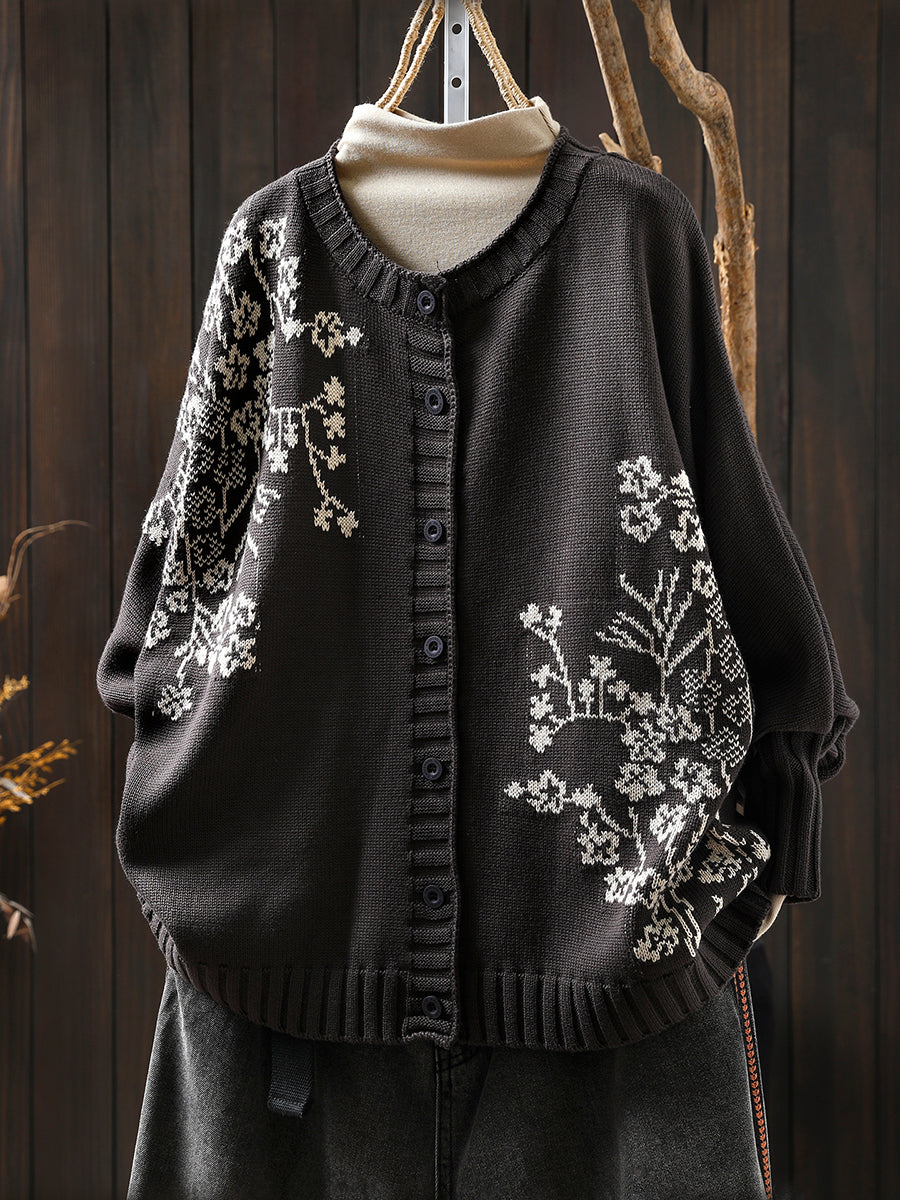 Women Autumn Vintage Flower O-Neck Knitted Sweater
