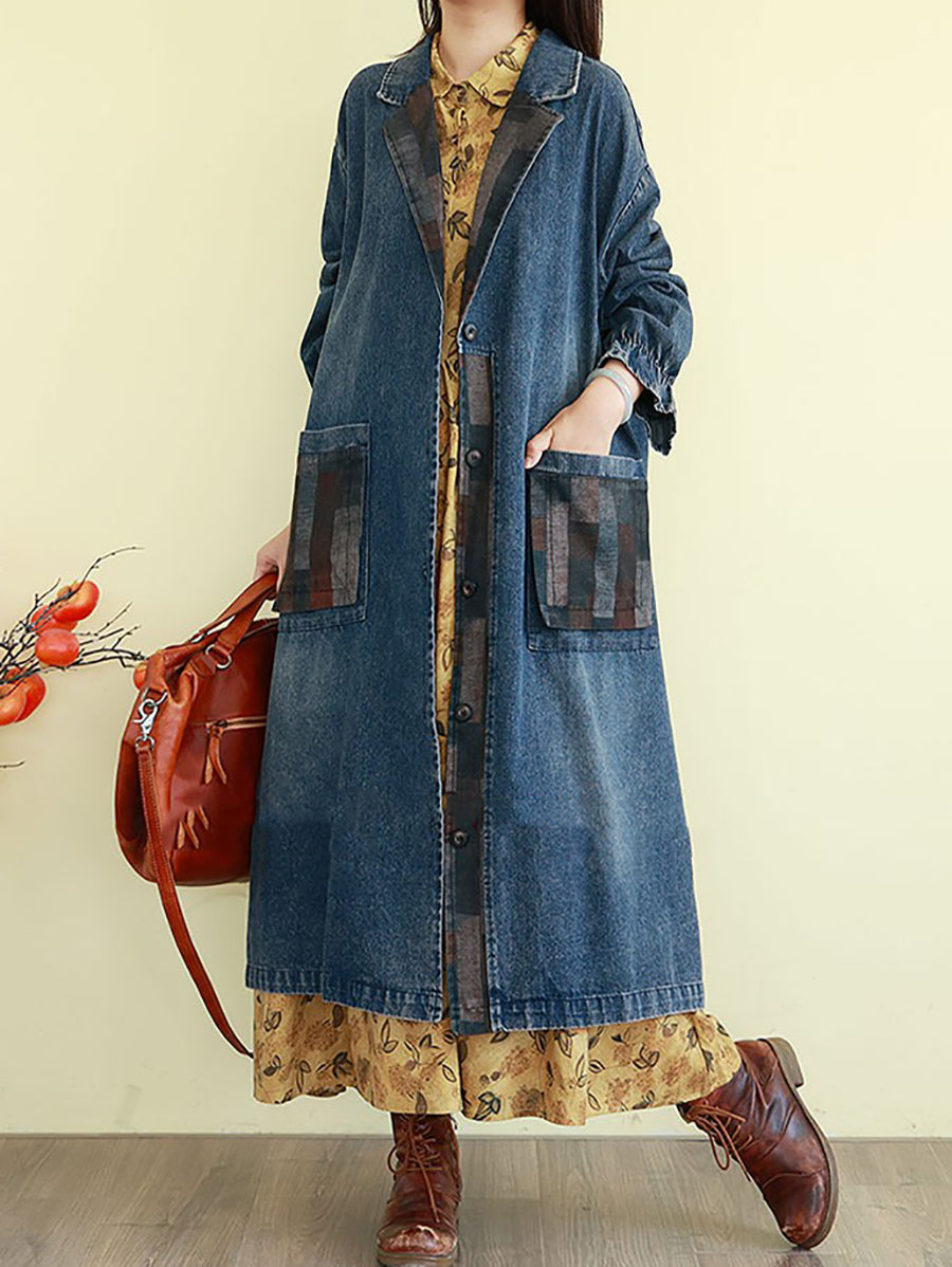 Women Autumn Spliced Turn-down Collar Denim Coat