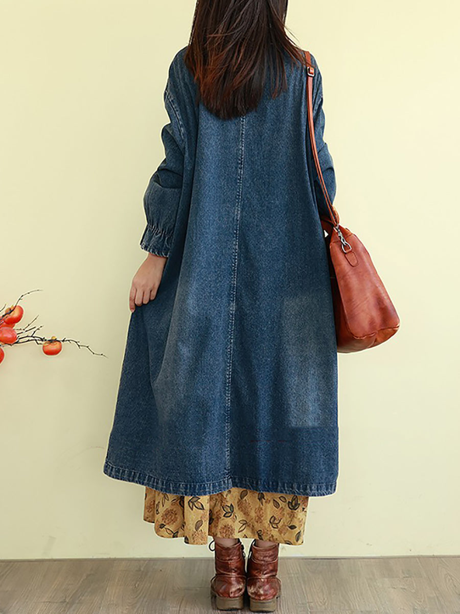 Women Autumn Spliced Turn-down Collar Denim Coat
