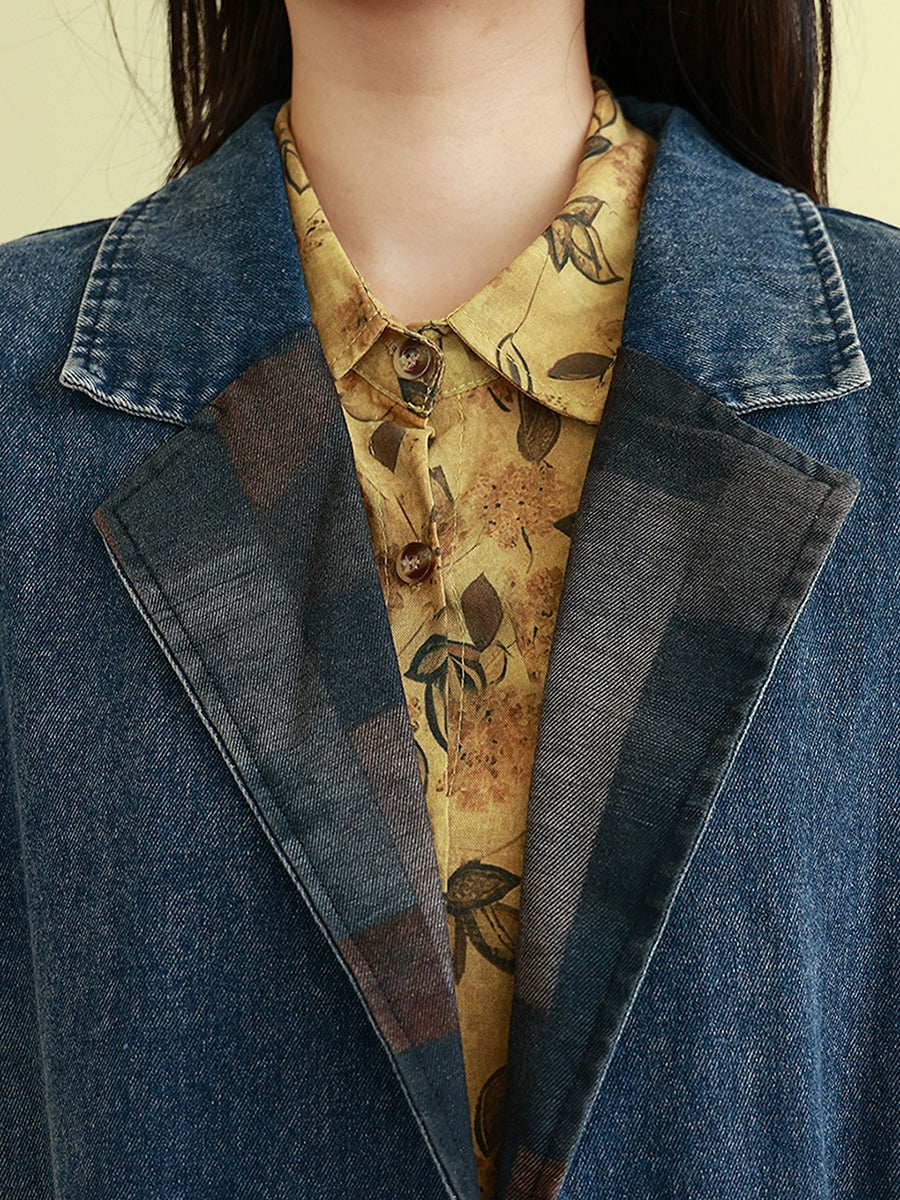 Women Autumn Spliced Turn-down Collar Denim Coat