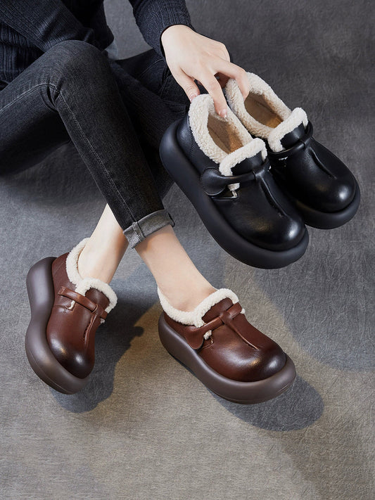 Women Vintage Genuine Leather Fleece-lined Platform Shoes