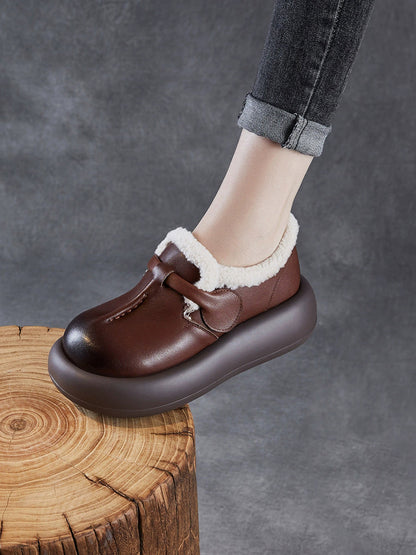 Women Vintage Genuine Leather Fleece-lined Platform Shoes