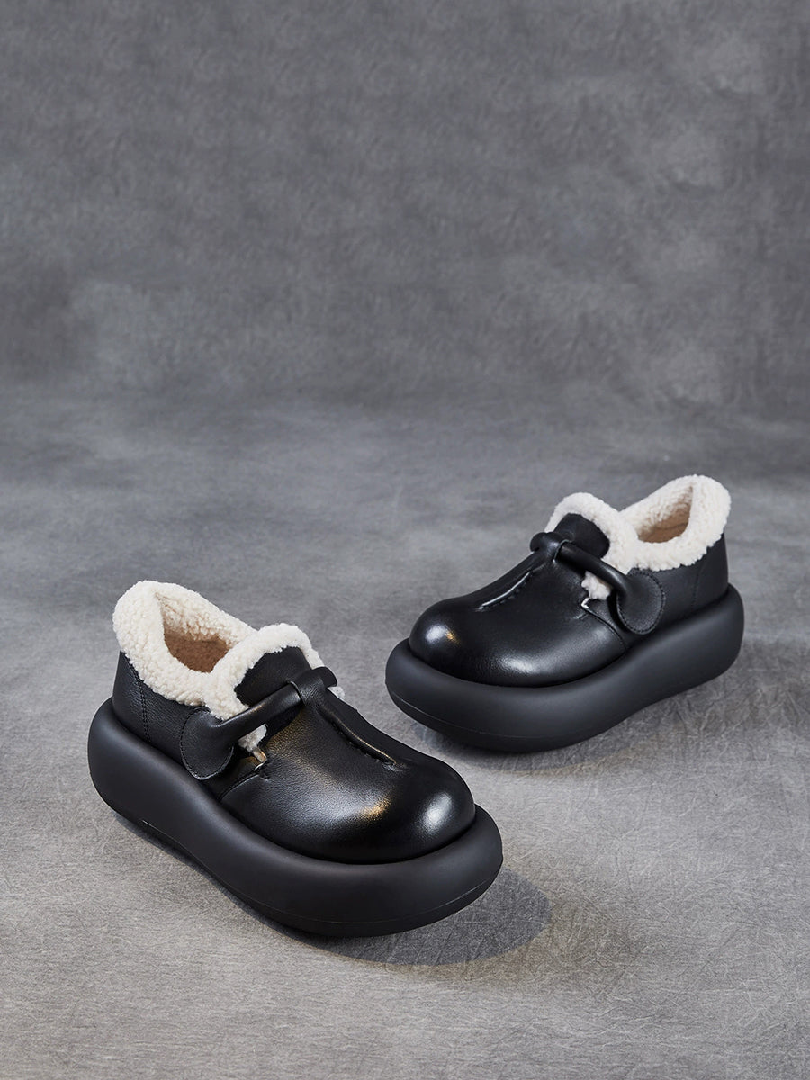 Women Vintage Genuine Leather Fleece-lined Platform Shoes