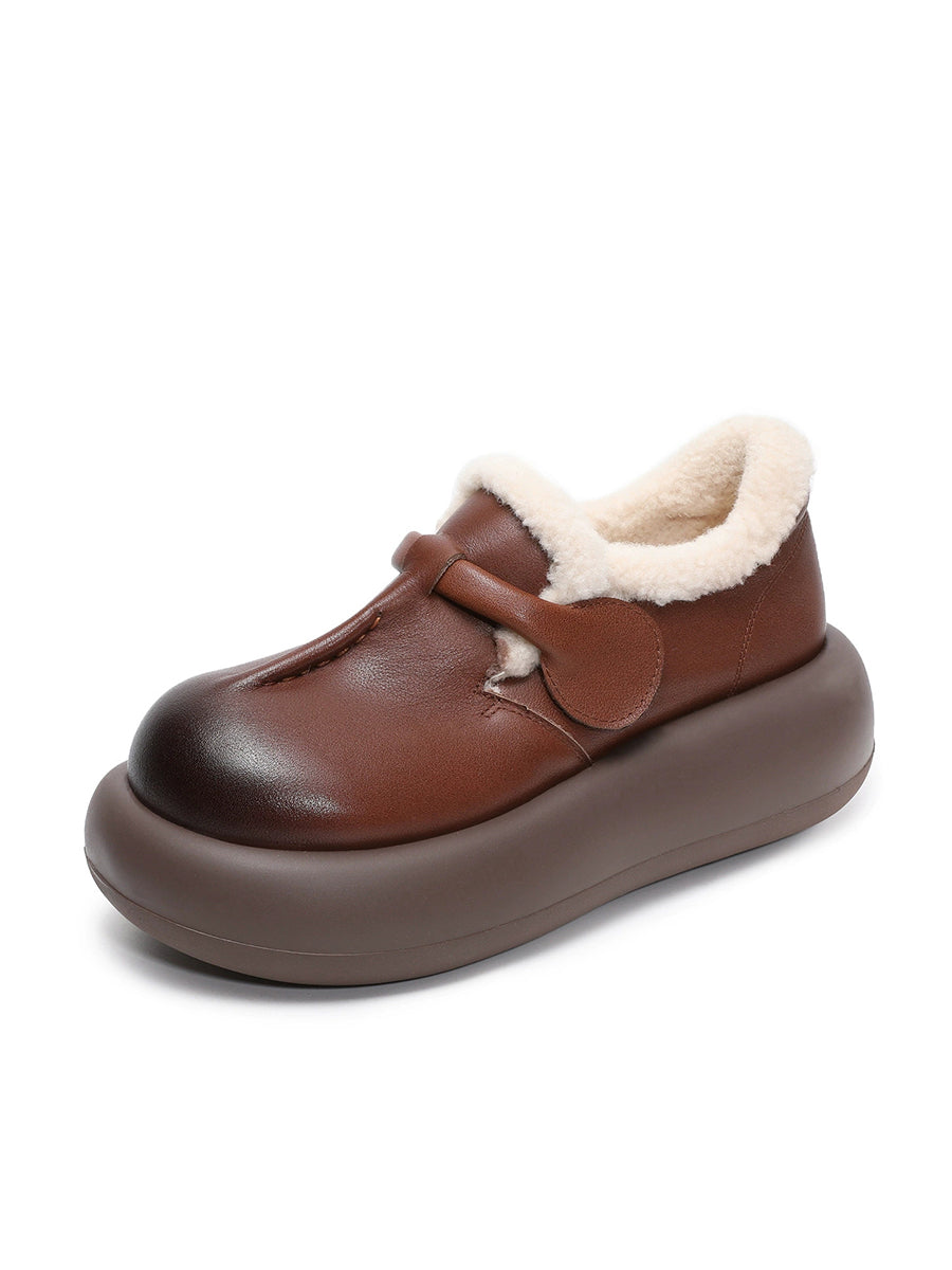 Women Vintage Genuine Leather Fleece-lined Platform Shoes