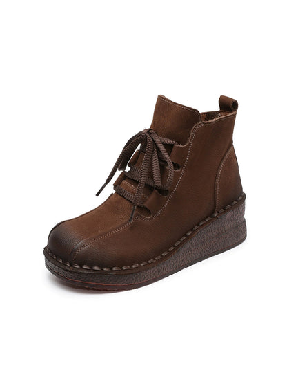 Women Pure Color Genuine Leather Platform Ankle Boots