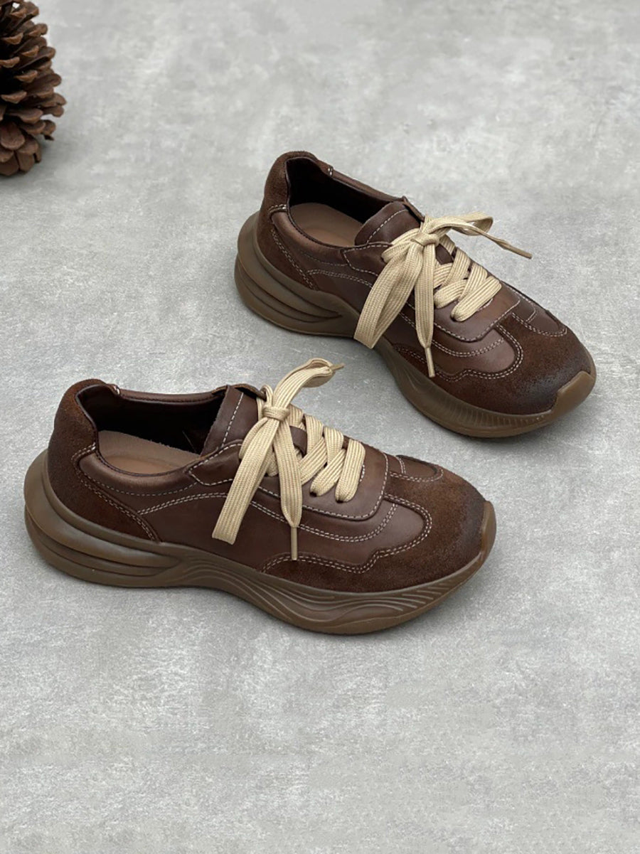 Women Vintage Leather Spliced Platform Shoes