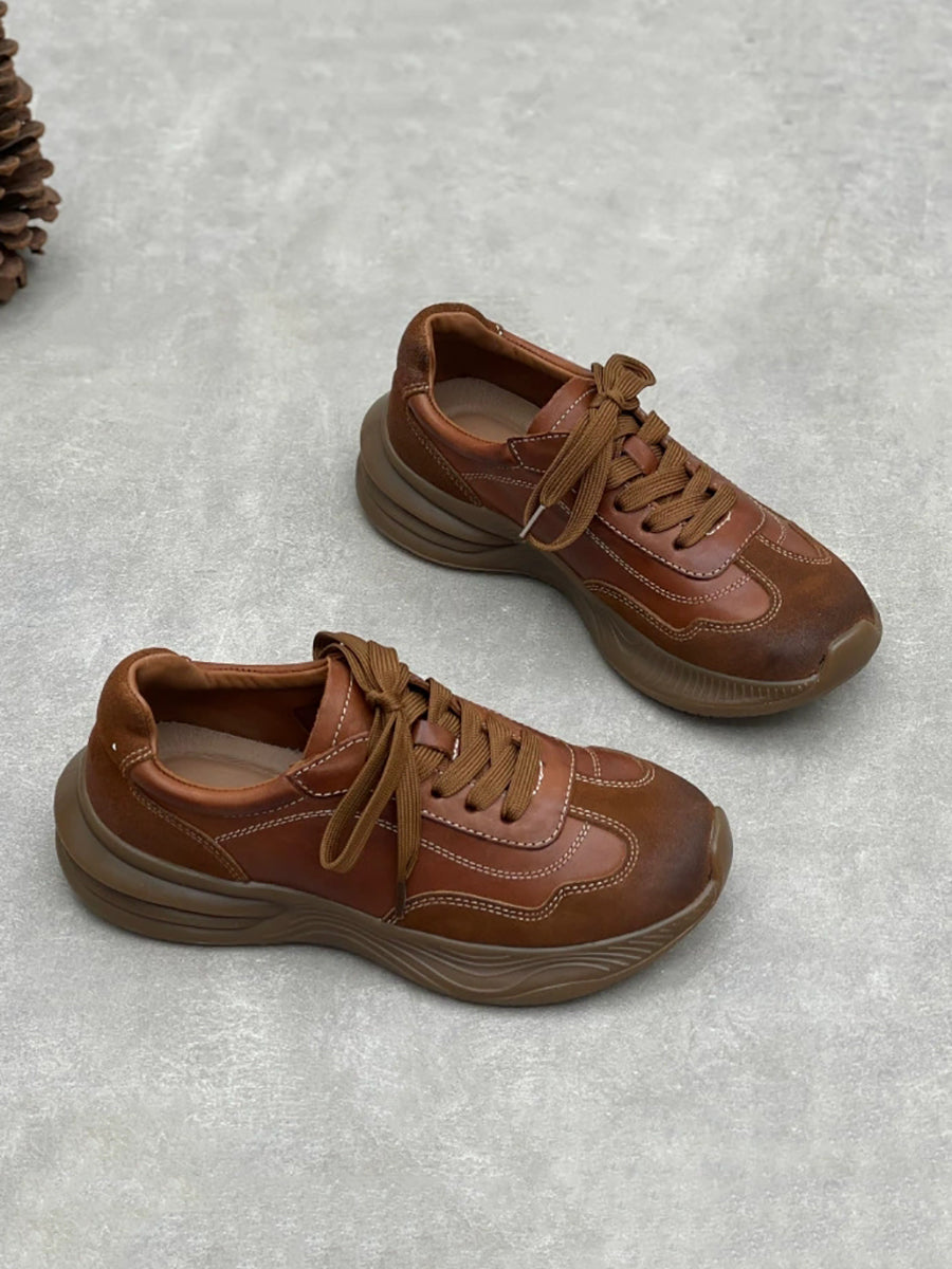 Women Vintage Leather Spliced Platform Shoes