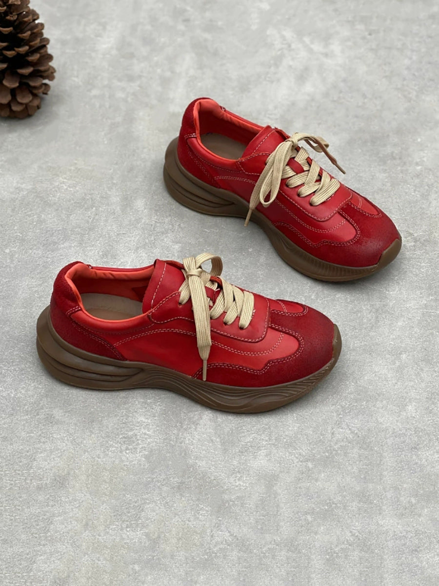 Women Vintage Leather Spliced Platform Shoes
