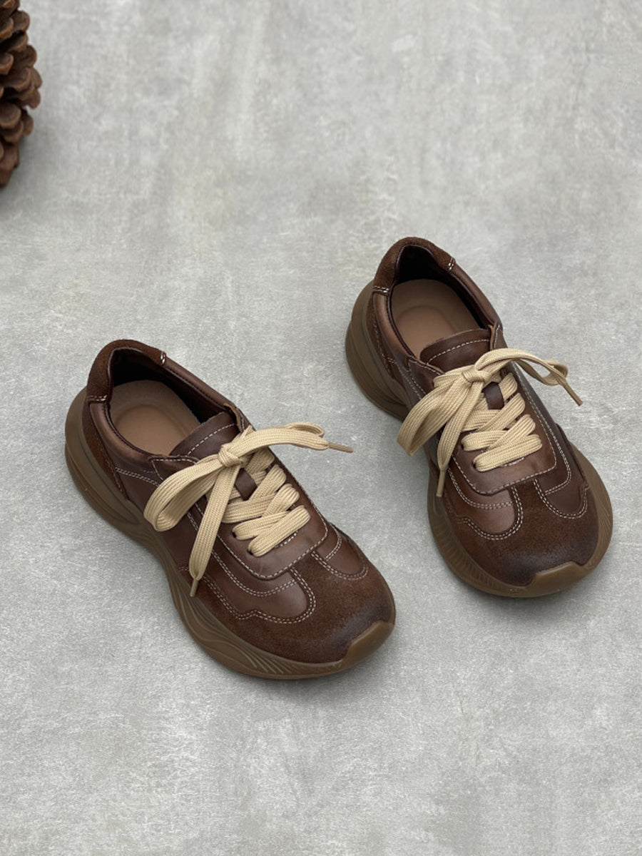Women Vintage Leather Spliced Platform Shoes