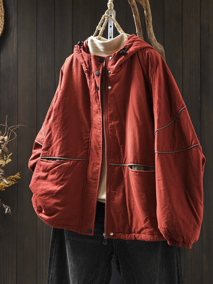 Women Autumn Casual Pure Color Padded Hooded Jacket