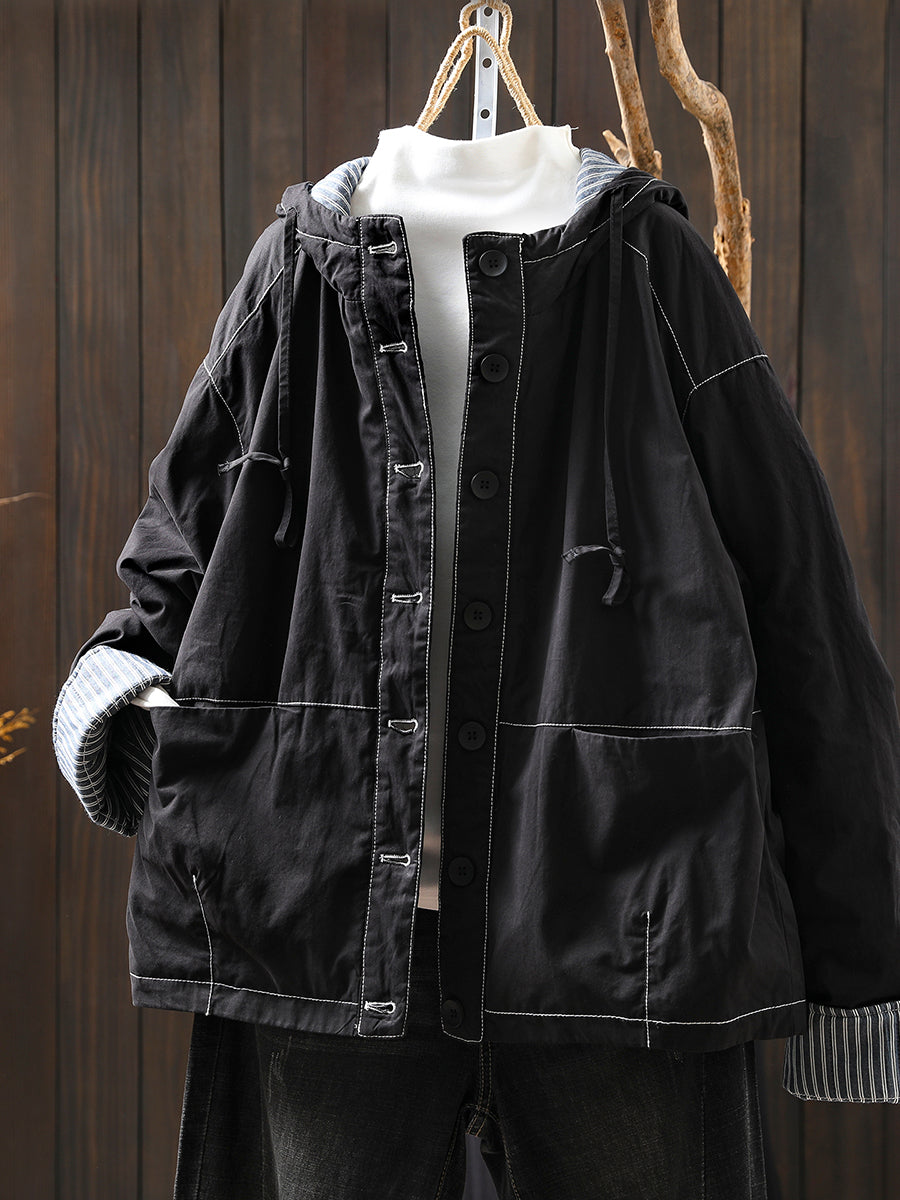 Women Autumn Casual Pure Color Padded Hooded Jacket