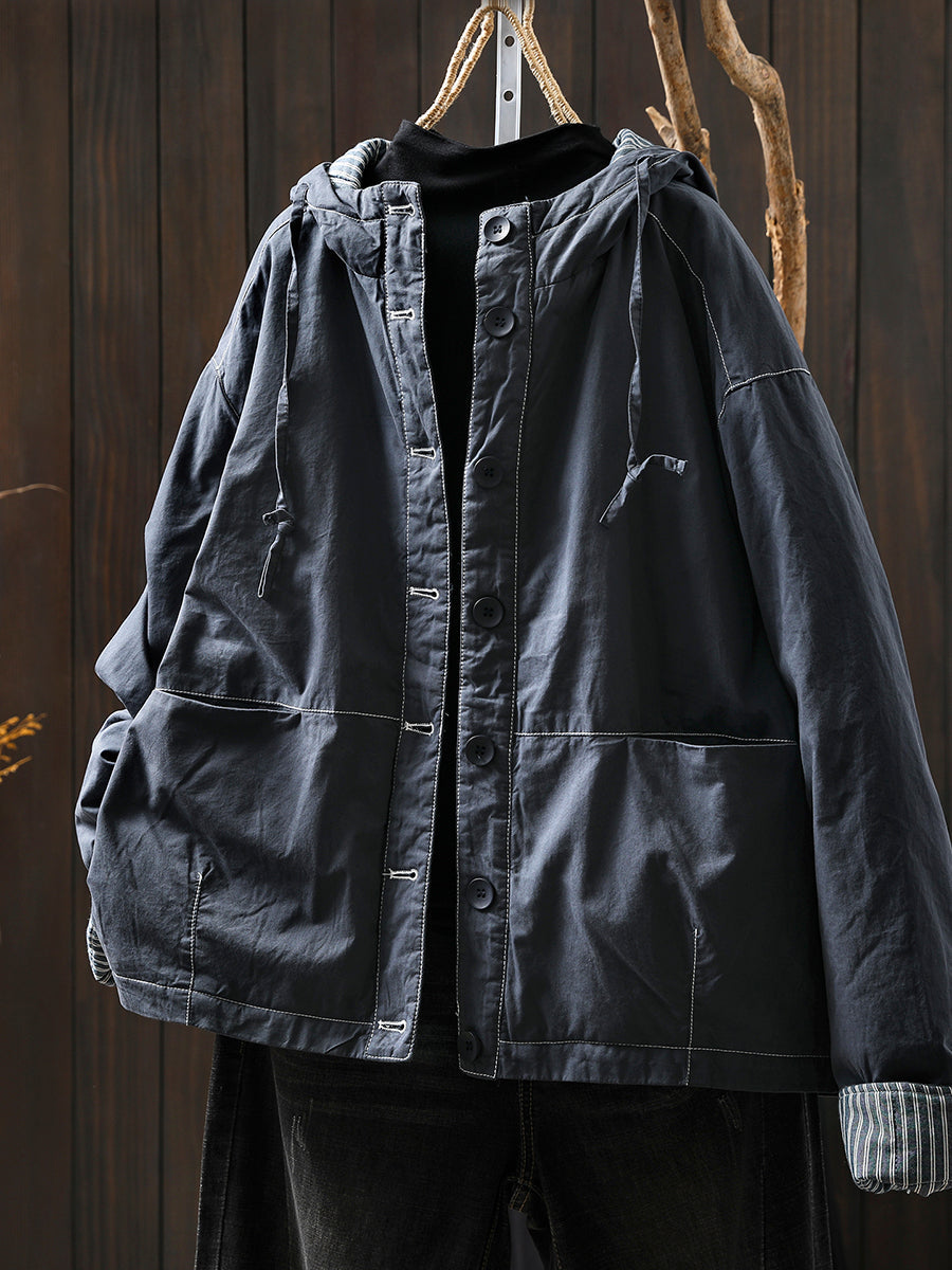 Women Autumn Casual Pure Color Padded Hooded Jacket