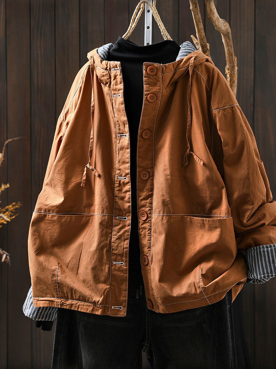 Women Autumn Casual Pure Color Padded Hooded Jacket