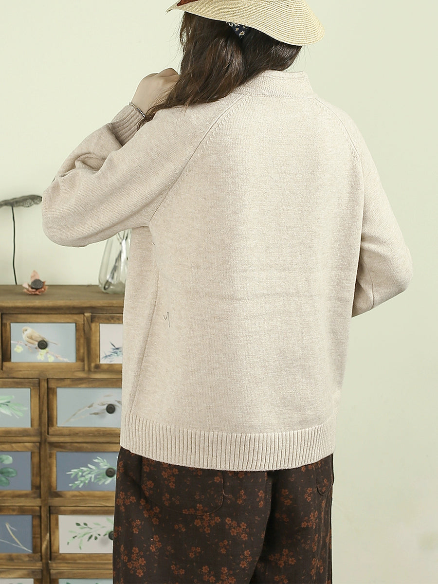 Women Autumn Ethnic Pure Color Stand Collar Sweater