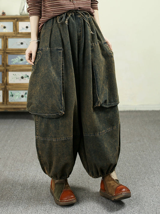 Women Autumn Retro Denim Spliced Harem Pants