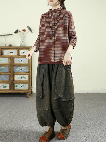 Women Autumn Retro Denim Spliced Harem Pants