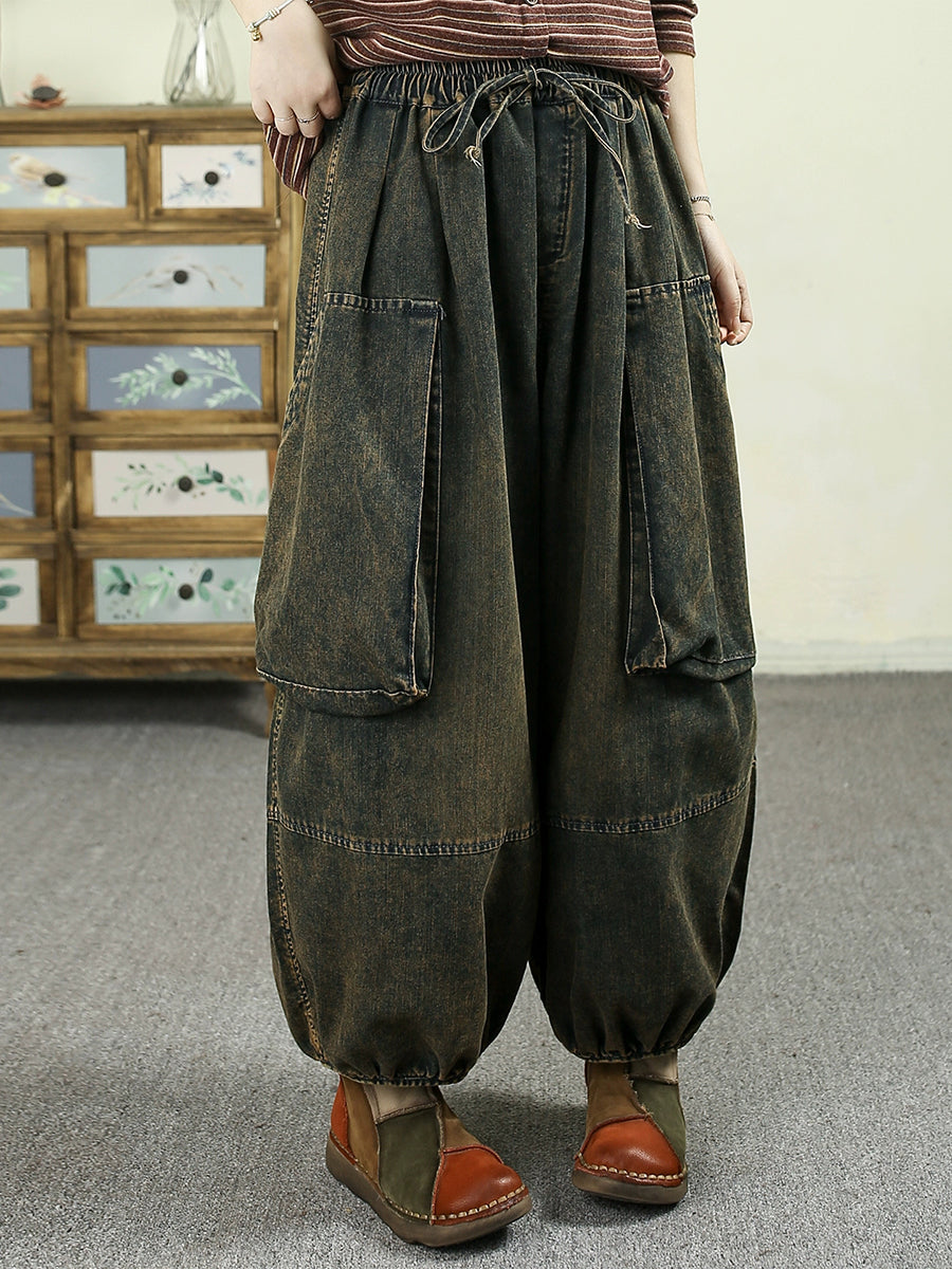 Women Autumn Retro Denim Spliced Harem Pants