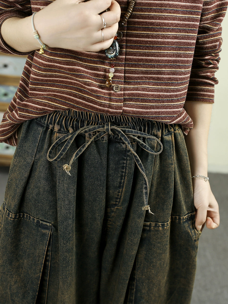 Women Autumn Retro Denim Spliced Harem Pants