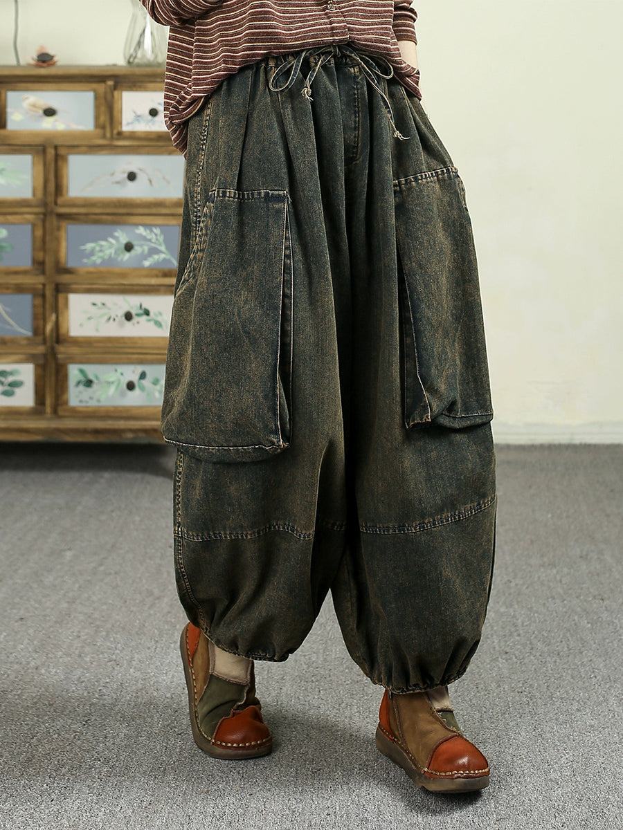 Women Autumn Retro Denim Spliced Harem Pants