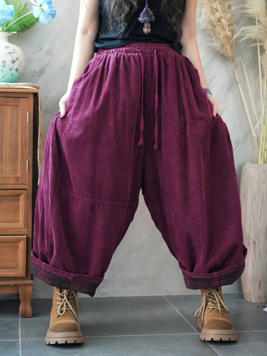 Women Autumn Retro Pure Color Corduroy Harem Pants