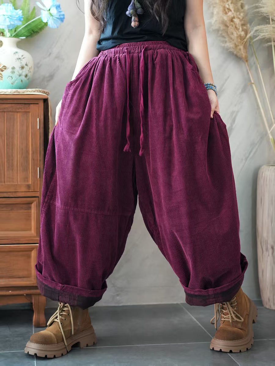 Women Autumn Retro Pure Color Corduroy Harem Pants