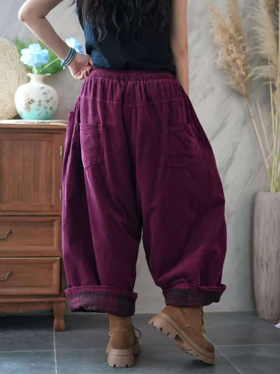 Women Autumn Retro Pure Color Corduroy Harem Pants