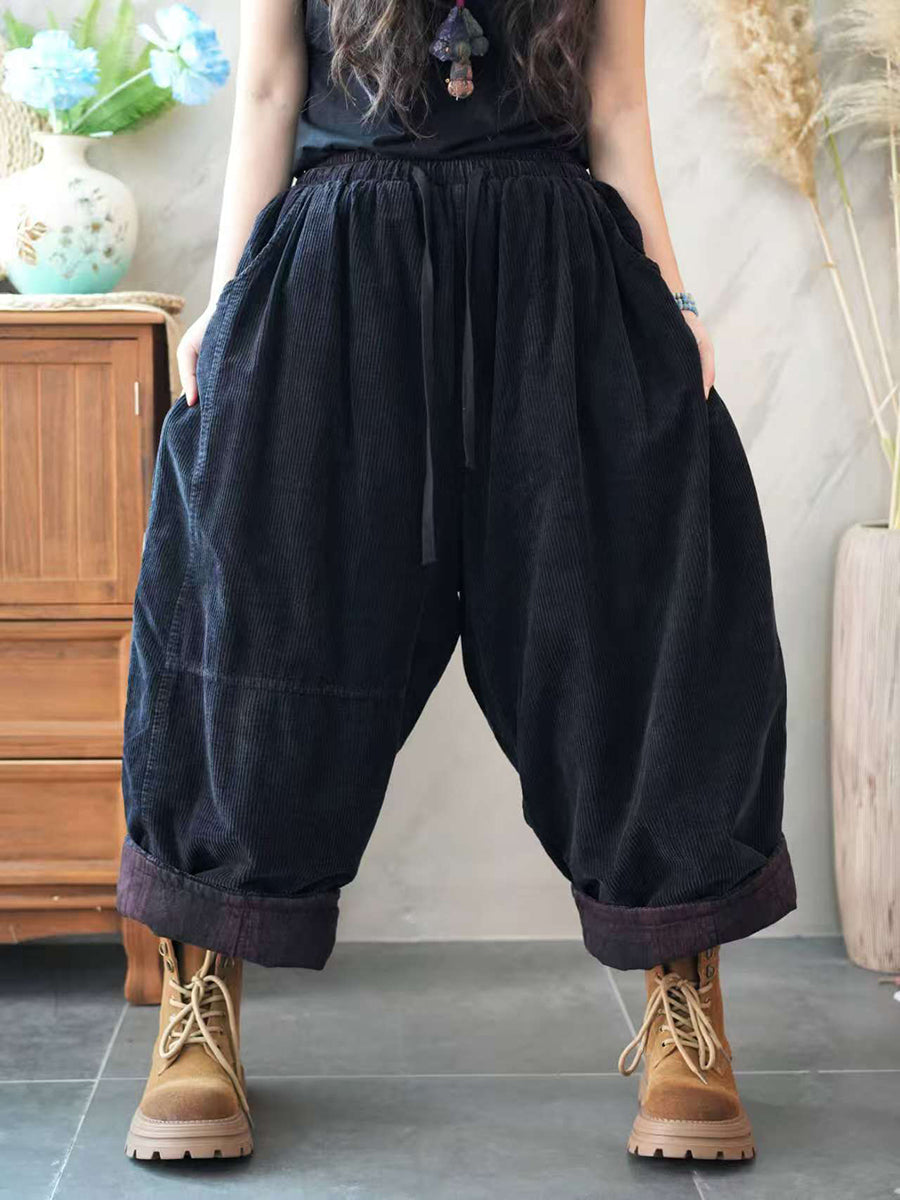 Women Autumn Retro Pure Color Corduroy Harem Pants