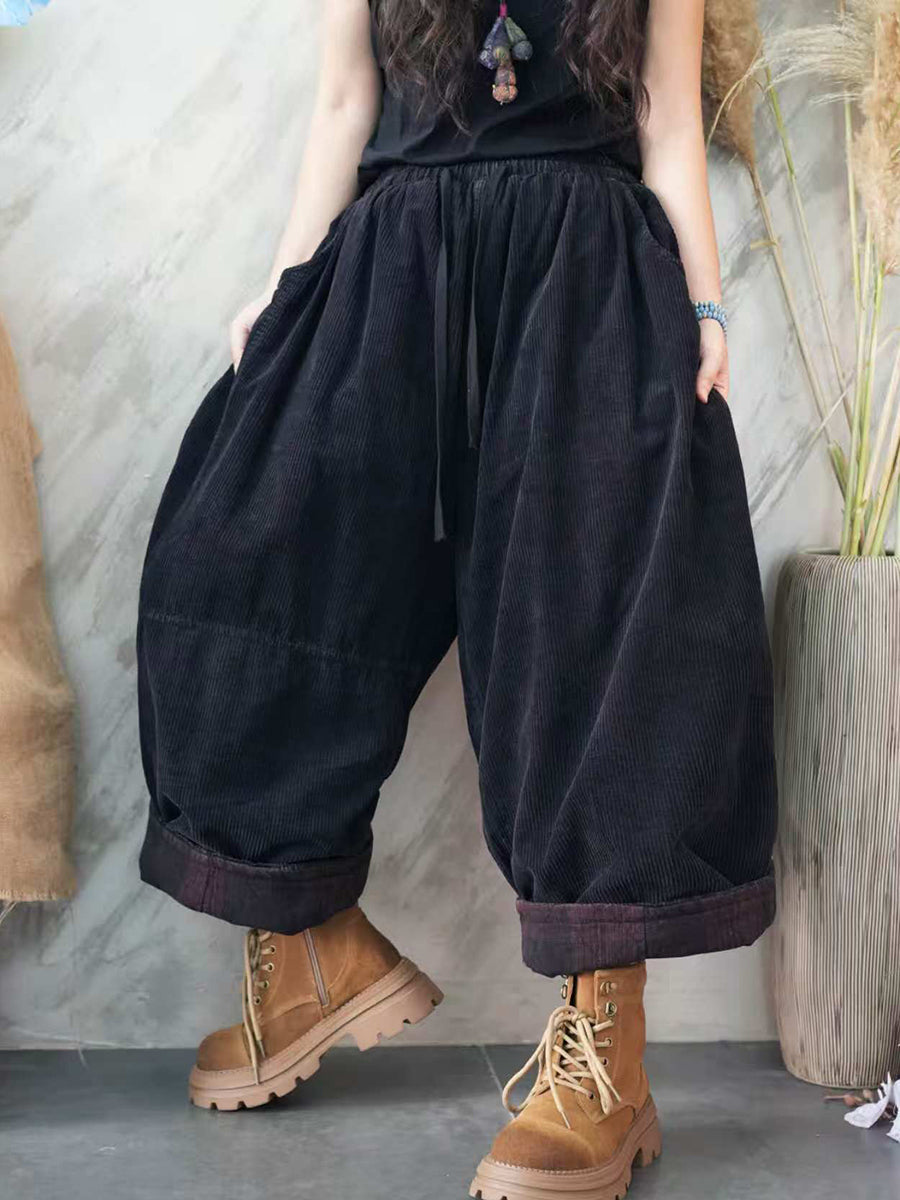 Women Autumn Retro Pure Color Corduroy Harem Pants