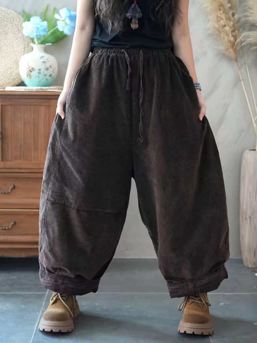 Women Autumn Retro Pure Color Corduroy Harem Pants