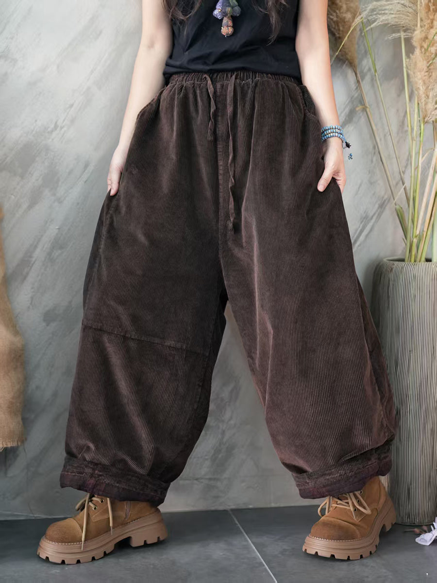 Women Autumn Retro Pure Color Corduroy Harem Pants