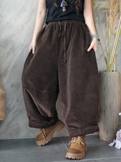 Women Autumn Retro Pure Color Corduroy Harem Pants