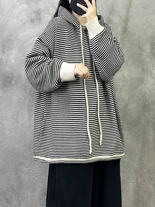 Women Autumn Casual Stripe Cotton Hoodie
