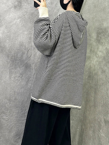 Women Autumn Casual Stripe Cotton Hoodie