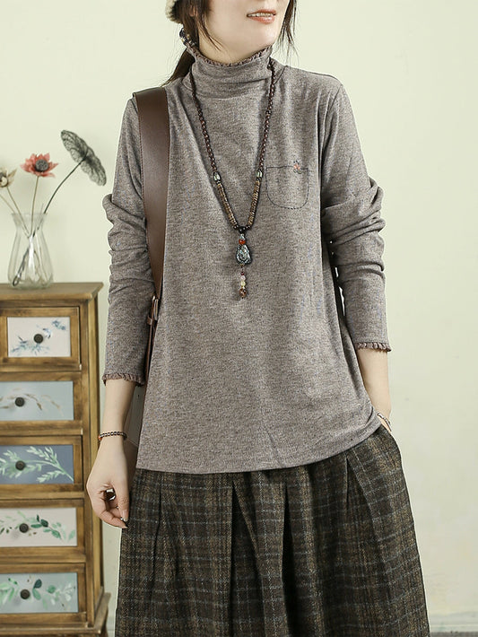 Women Casual Pure Color Turtleneck Blouse