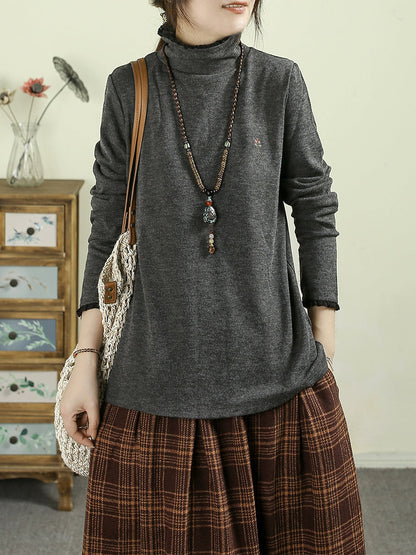 Women Casual Pure Color Turtleneck Blouse