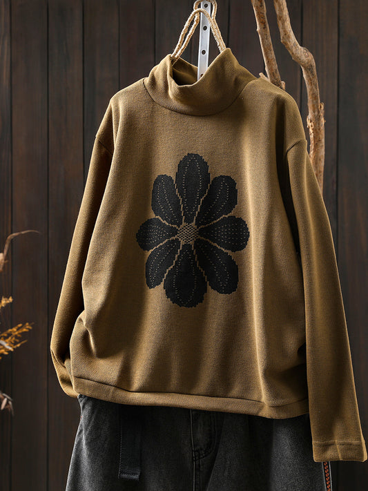 Women Autumn Flower Half-Turtleneck Knitted Sweater