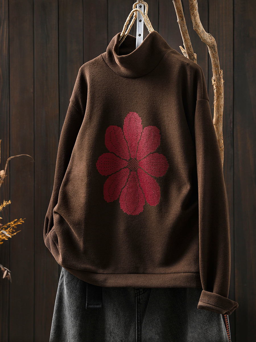 Women Autumn Flower Half-Turtleneck Knitted Sweater